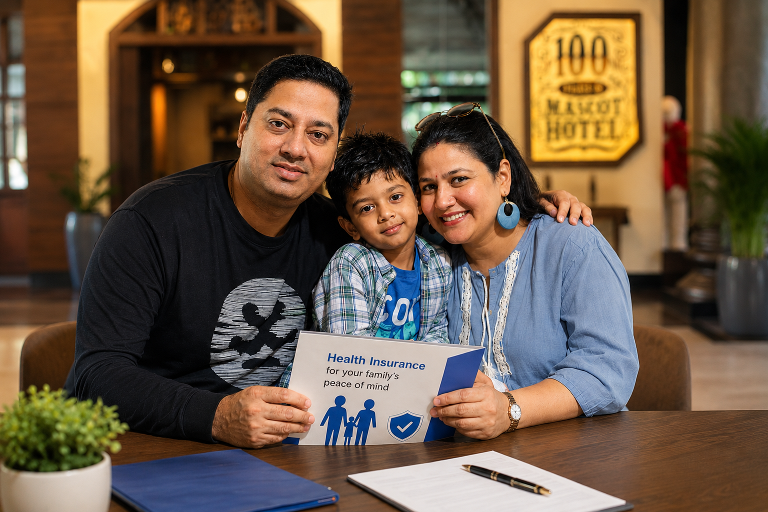 Family with health insurance brochure